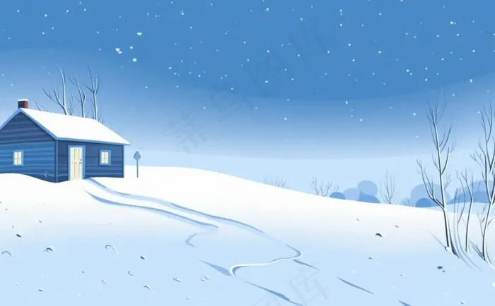 冬天乡村雪地里的房子雪景白雪卡通插画背景(1392x864)