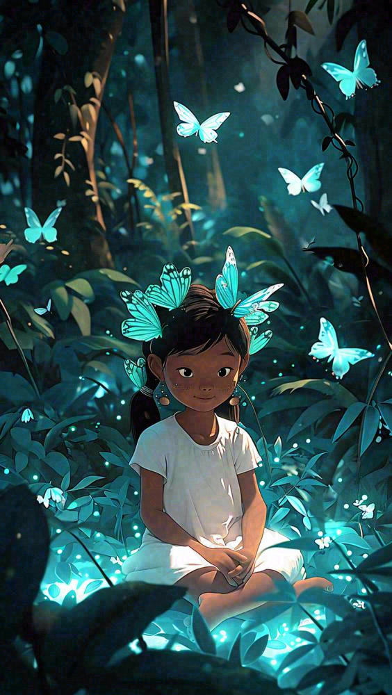 森林意境儿童少女灯光蝴蝶手绘插画，丛林树木
