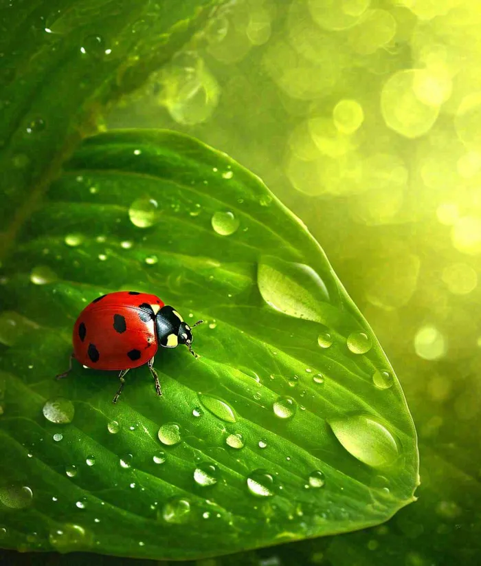 春天夏天七星瓢虫动物昆虫在绿叶上，谷雨立夏夏至小暑摄影图(1008x1184)