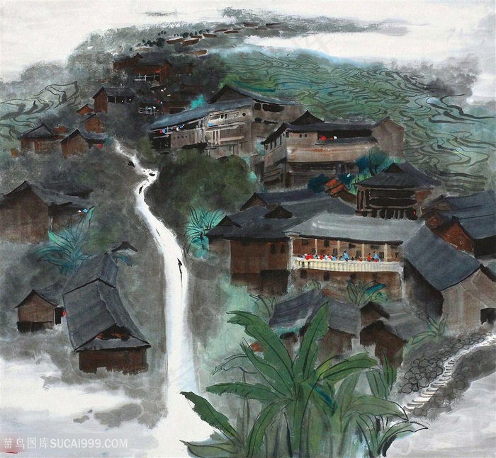 吴冠中手绘流水乡村美景装饰画