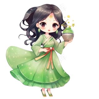 古装少女绿衣裙可爱插画免抠