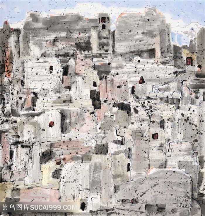 吴冠中手绘水墨水彩建筑装饰画