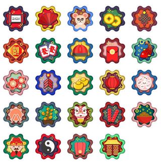 新年icon图标国潮传统喜庆春节年俗标签插画ai矢量按钮UI设计素材