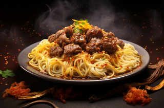 红油辣椒肉拌面美食摄影图