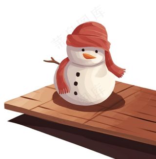 木板上的雪人帽子围巾卡通插画