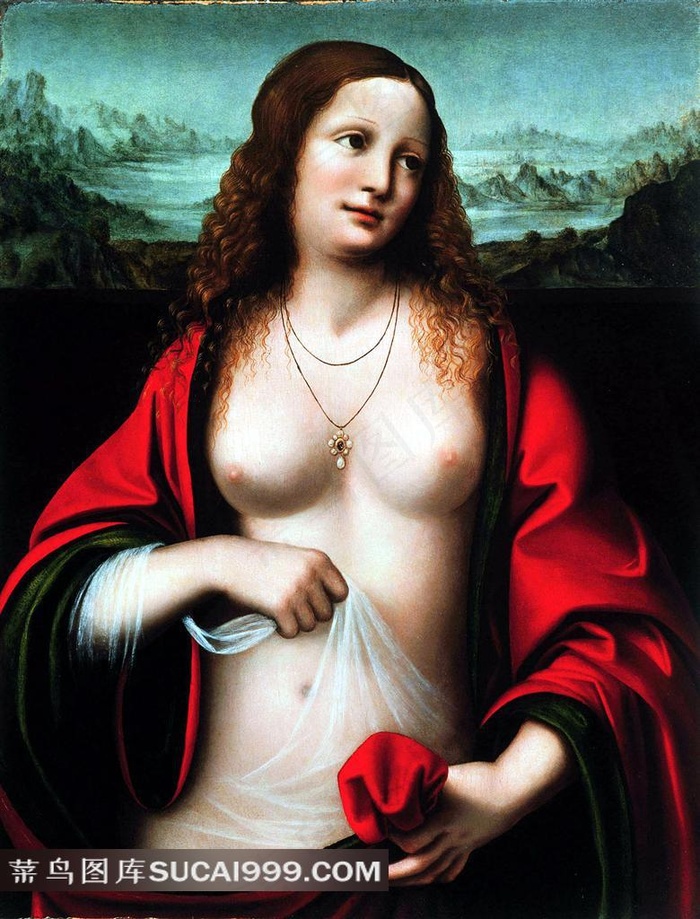 披着红睡衣的裸女油画素材