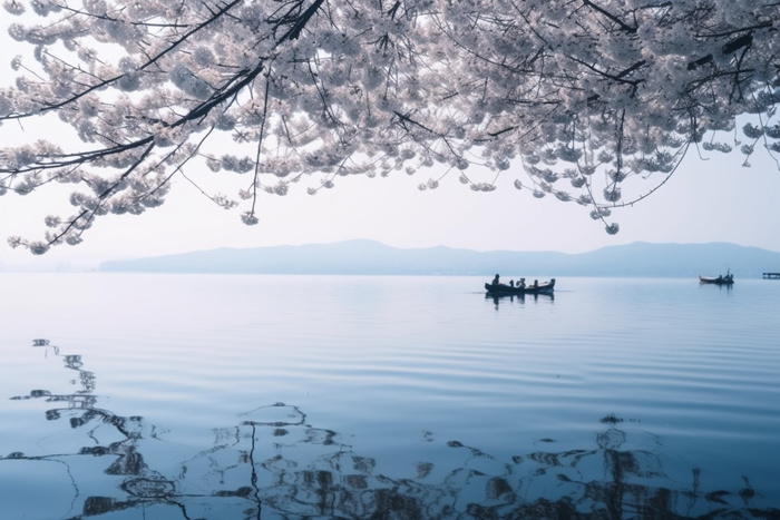 湖边的树开满了花朵，湖上有一艘船摄影图桌面壁纸(5376x3584)