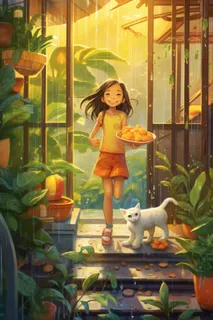 女孩雨天小猫游艇游玩插画背景