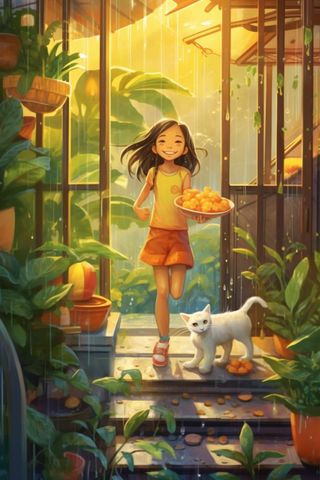 女孩雨天小猫游艇游玩插画背景