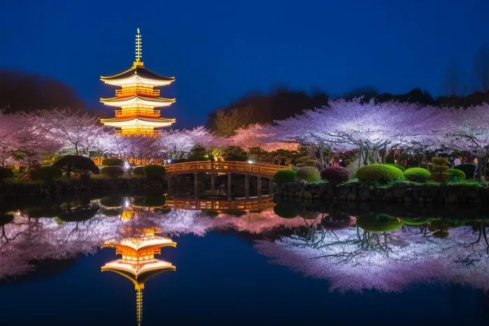 公园夜景发光的宝塔倒映在湖水里摄影图(5376x3584)