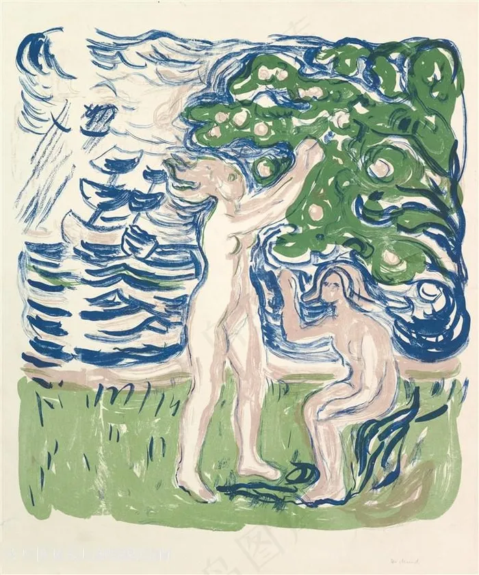 蒙克手绘情侣草地树插画