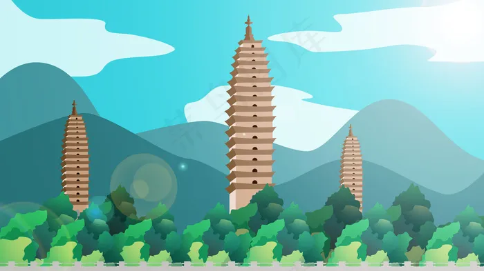 古风建筑插画psd模版下载