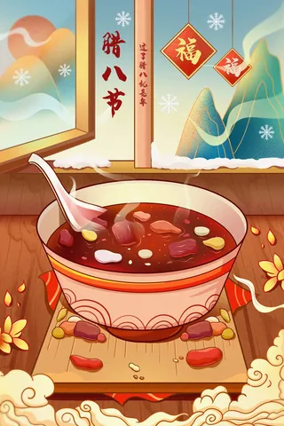 中国传统节日手绘卡通腊八节腊八粥插画海报PSD格式设计素材