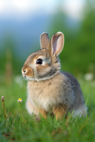 棕色兔子在草丛觅食细节摄影图