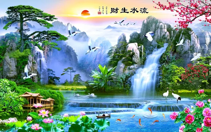 流水生财影壁国画壁画psd模版下载