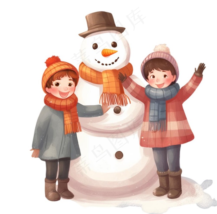 孩童堆雪人可爱卡通插画免抠(1040x1024)