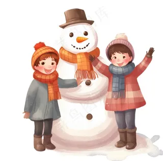 孩童堆雪人可爱卡通插画免抠