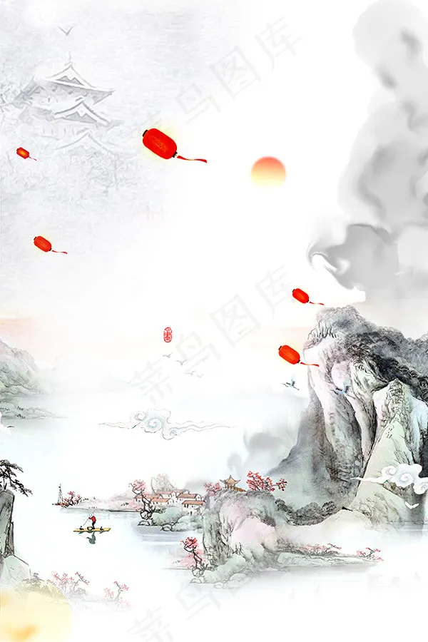 中国风水墨山水画psd模版下载