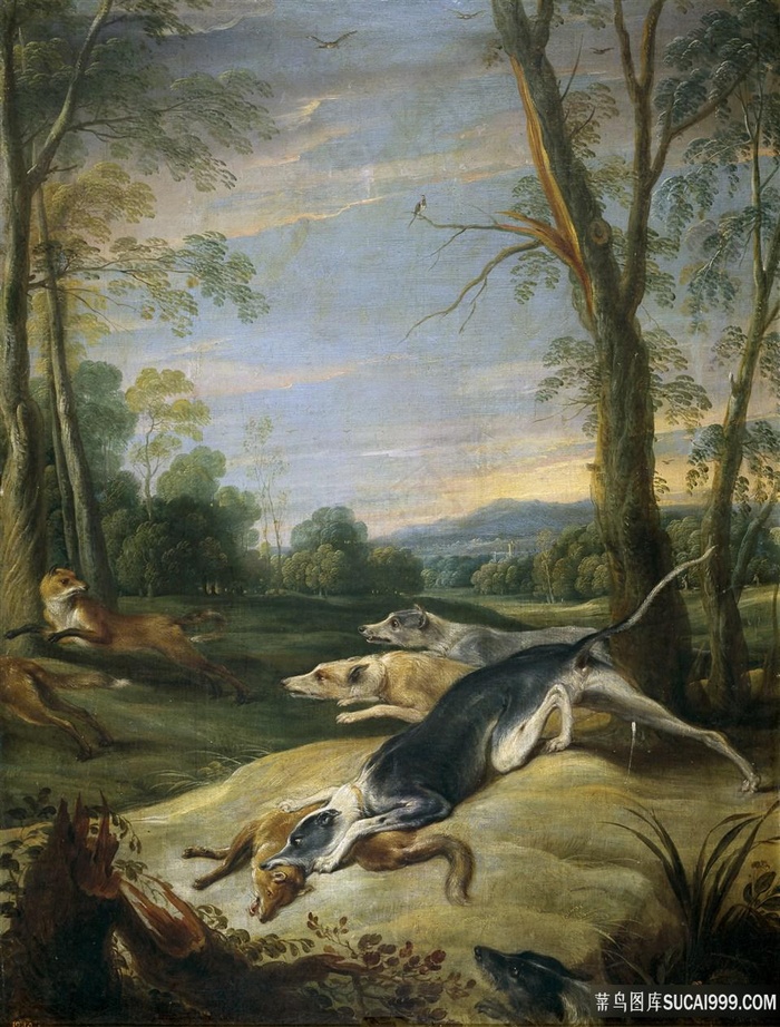 树林猎狗风景画油画