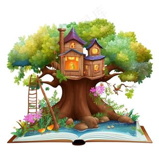 大树上的木屋树屋书本卡通插画免抠