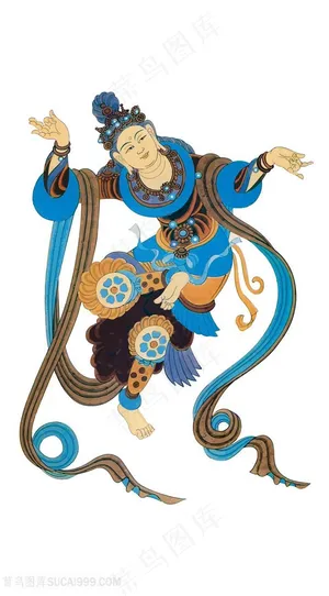 身穿蓝色服饰跳舞的敦煌菩萨矢量壁画国画图片