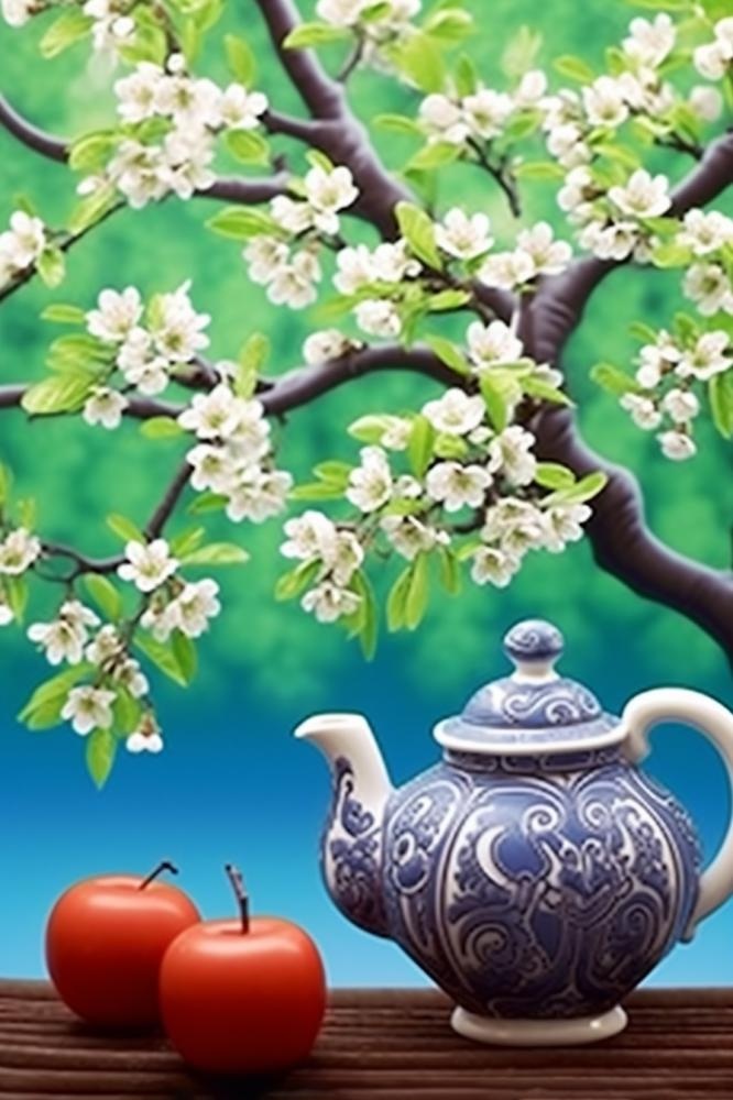 茶壶杯子梨花绿色背景(896x1344)