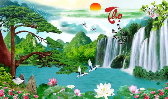 流水生财荷花松树背景 流水生财荷花松树背景