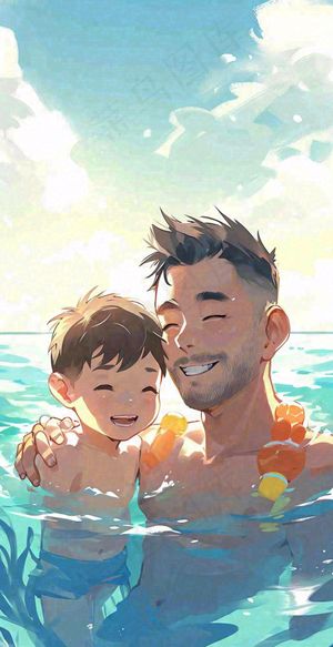 夏天父子游泳泳池蓝天白云清新手绘插画