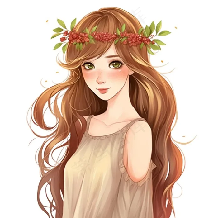 戴花环的黄裙少女插画免抠(1024x1024)