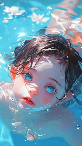 夏天儿童男孩水里游泳戏水，小暑大暑