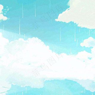 夏天海边蓝天白云水彩画