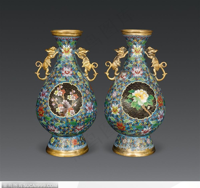 清康熙·掐丝珐琅梅花牡丹双兽耳瓶