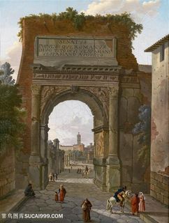 街道上的人和风景油画图片