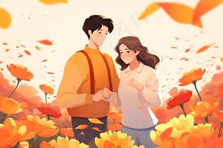 秋日花丛情侣人物插画夕阳背景