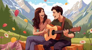 一个男孩子在表演吉他给女孩听插画配图