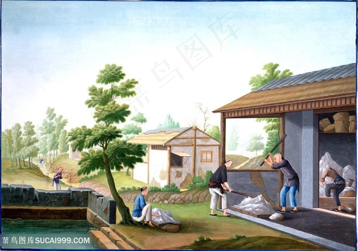 古代锤纱集市贸易场景绘画图片素材
