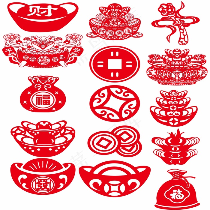 元宝剪纸 剪纸风元素ai矢量模版下载