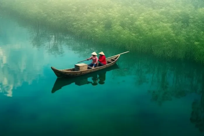 湖面划船人物碧绿背景(1200x800)