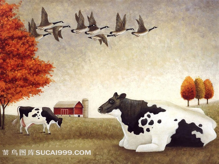 Lowell Herrero农场里休息吃草飞雁绘画作品