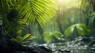 雨季雨滴敲打在叶片土地上摄影图