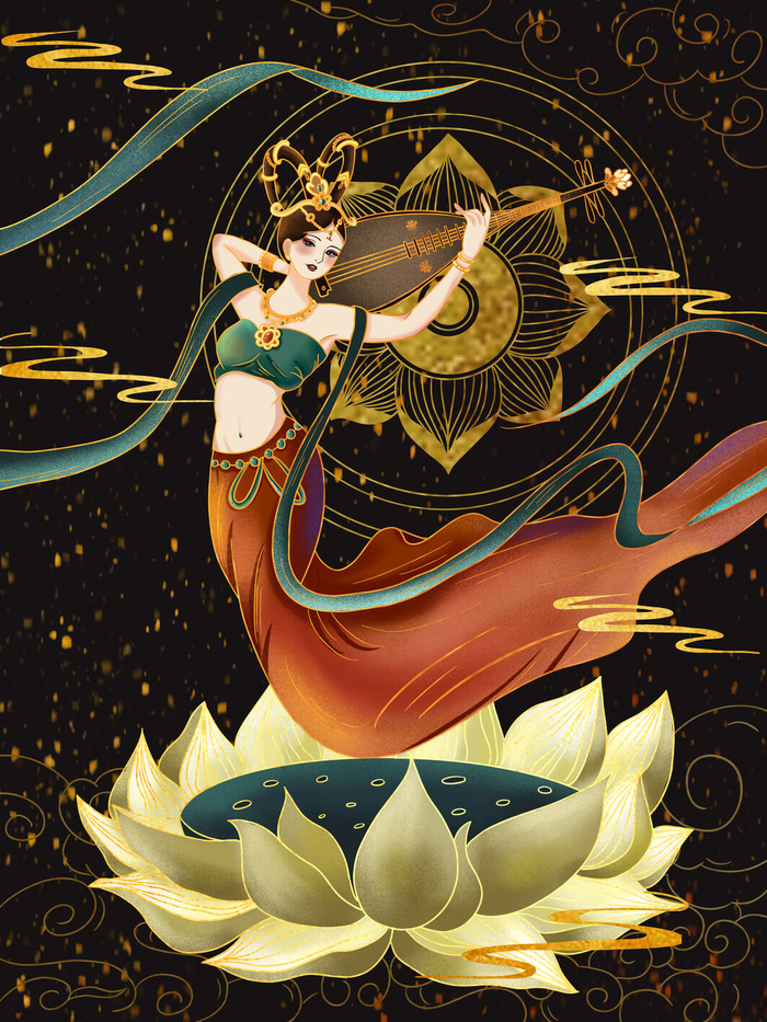 复古中国风国潮神话人物敦煌插画仙女手绘海报背景PSD设计素材