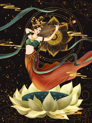 复古中国风国潮神话人物敦煌插画仙女手绘海报背景PSD设计素材