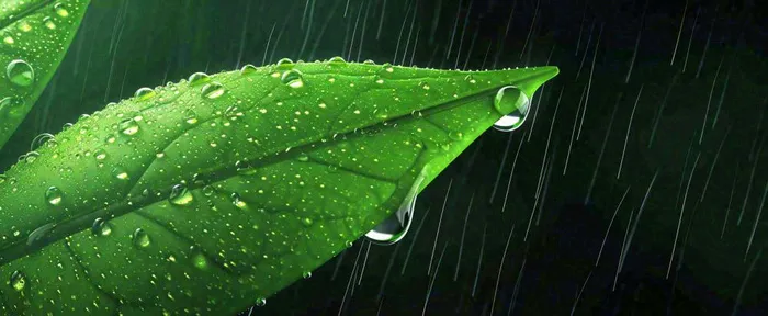 春天下雨天树叶草叶上的露珠水珠，谷雨雨水摄影图(1712x704)