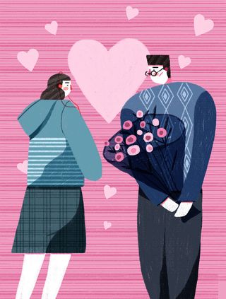 卡通温馨浪漫2月14七夕520情侣拥抱情人节主题插画海报PSD素材