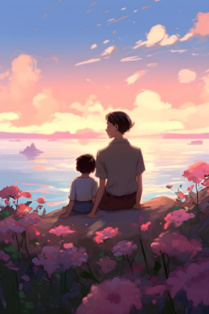 长辈父亲和孩子坐着看落日晚霞浪漫背景