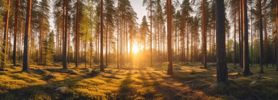 日出日落阳光照射在森林的树上摄影图