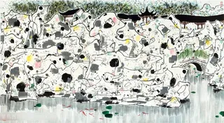 吴冠中手绘简约湖畔水墨艺术装饰画