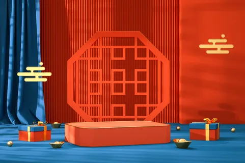 中国风古典喜庆C4D背景图3D国潮场景促销活动海报PSD设计素材模板