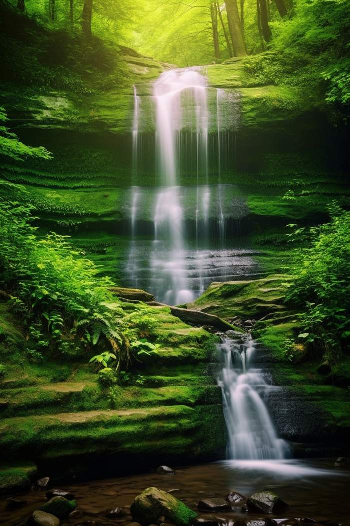 森林山谷瀑布风景摄影图(2688x4032)