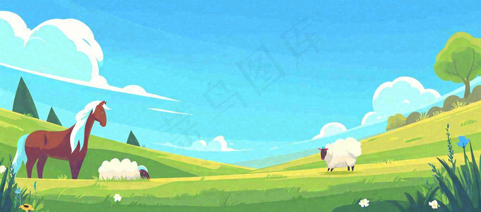 春天卡通扁平插画手绘蓝天绿色草地，春游，郊游，踏青